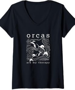 Womens Orcas as Therapy Cute Whale Funny Saying V-Neck T-Shirt