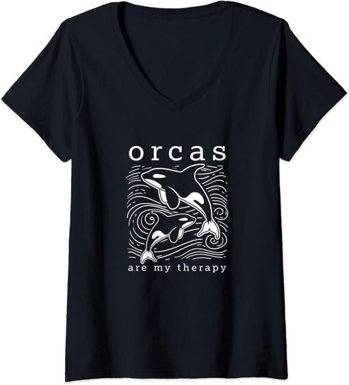 Womens Orcas as Therapy Cute Whale Funny Saying V-Neck T-Shirt