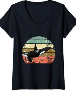 Womens Orca Vintage Retro Sunset Art Killer Whale Sea Ocean Orca V-Neck T-Shirt