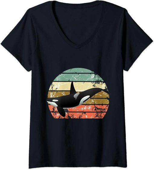 Womens Orca Vintage Retro Sunset Art Killer Whale Sea Ocean Orca V-Neck T-Shirt