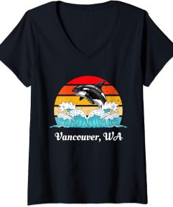 Womens Vintage Vancouver WA Distressed Orca Killer Whale Art V-Neck T-Shirt