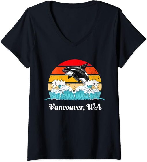 Womens Vintage Vancouver WA Distressed Orca Killer Whale Art V-Neck T-Shirt