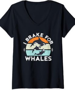 Womens I Brake For Whales Orca Family Vintage Retro Killer Whale V-Neck T-Shirt