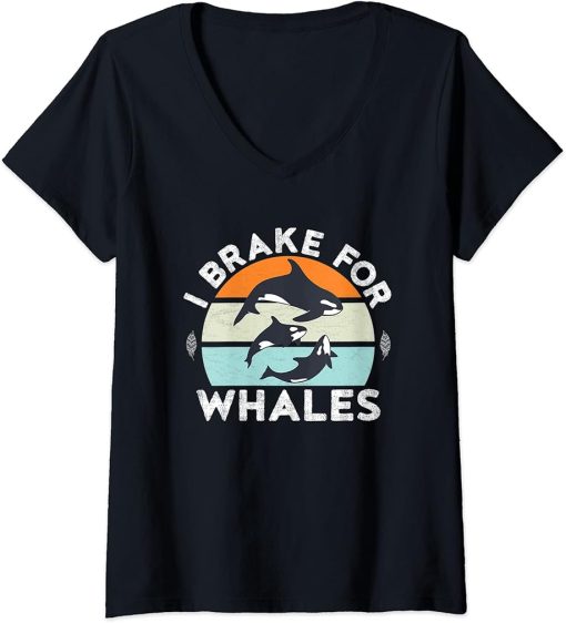 Womens I Brake For Whales Orca Family Vintage Retro Killer Whale V-Neck T-Shirt