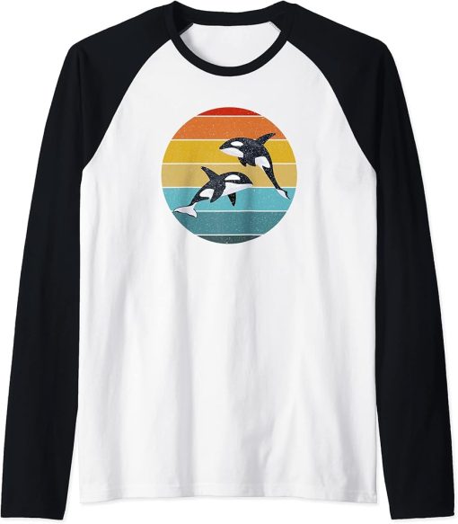 Orca twins retro vintage stripes jumping killer whale family Raglan Baseball Tee