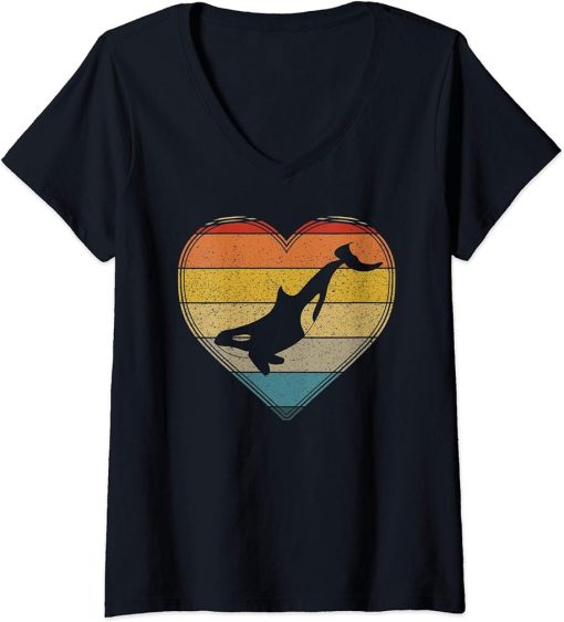 Womens Retro Love Killer Whale Orca Vintage Novelty Graphic V-Neck T-Shirt