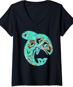 Womens Native American Totem ORCA Killer Whale Pop Art 5 - Faun V-Neck T-Shirt