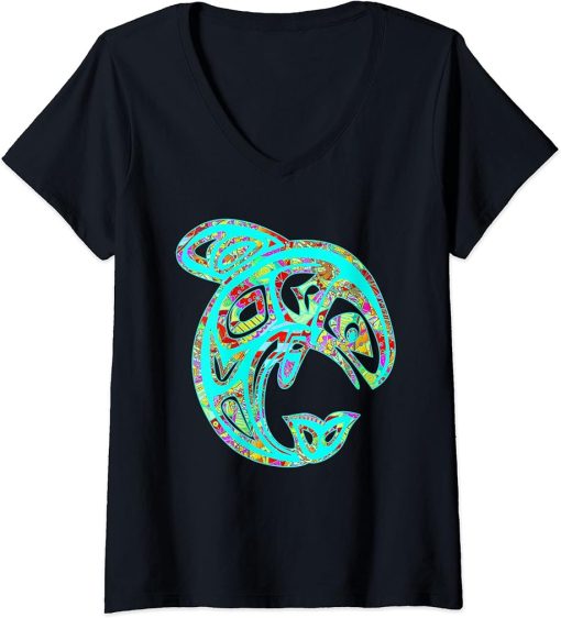 Womens Native American Totem ORCA Killer Whale Pop Art 5 - Faun V-Neck T-Shirt