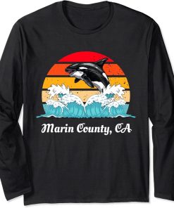 Vintage Marin County CA Distressed Orca Killer Whale Art Long Sleeve T-Shirt