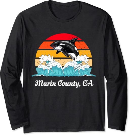 Vintage Marin County CA Distressed Orca Killer Whale Art Long Sleeve T-Shirt